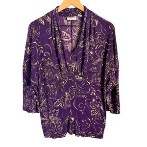 Chicos Travelers Purple Floral V-Neck Empire Waist Blouse 3/4 Sleeve Top Medium